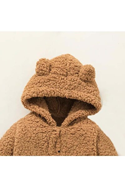 Bubito Kışlık Tatlı Kapşonlu Bebek Peluş Welsoft Tulum Kahverengi