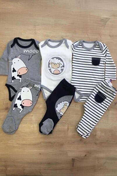 Bubito Bebek Kuzu ve İnek Desenli 6'lı 3 Body 3 Patikli Alt Seti - Gri Beyaz Çizgili