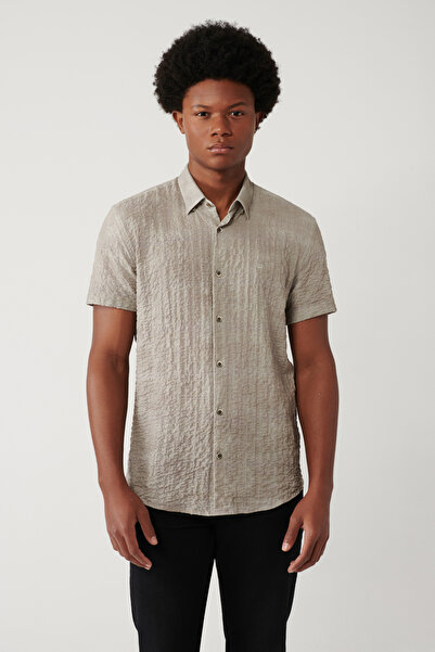 Avva Men's Dark Gray Bottom Britli Collar Cotton Patterned Short Sleeve Regul...
