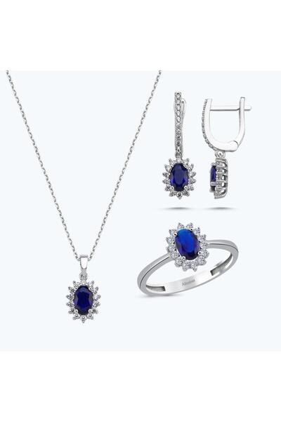 Altınbaş Altın Üçlü Mavi Taşlı Oval Set
