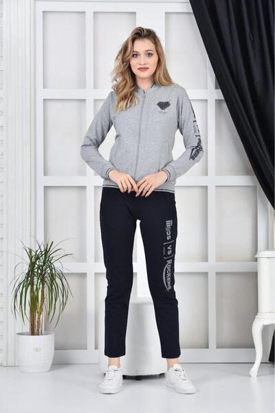Piyera Women's Two-Thread Cotton Gray Melange Stand Collar Zipper Printed Tra...