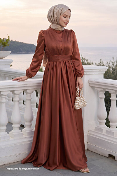 InStyle Cross Patterned Pleated Brown Satin Dress