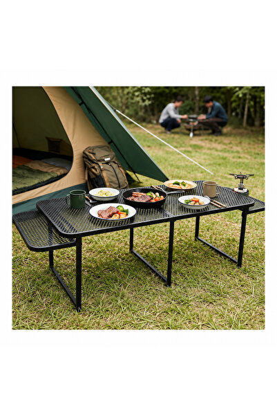 Siyah Katlanabilir Metal Kamp ve Piknik Masası 120x46x40 cm Portatif Outdoor Bahçe masası