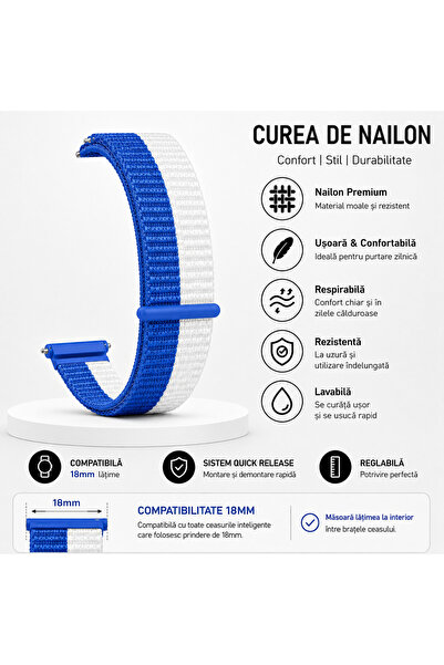 MAUEX Curea smartwatch 18 mm din nailon, Quick Release, reglabilă, respirabilă, lavabilă