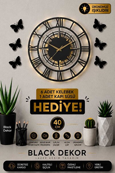 Blackdekor Roma Rakamlı Işıklı Şık Duvar Saati | Pusula Tasarımlı Modern Ve D...