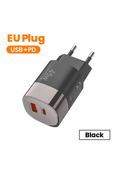 Choice1 Black EU 45W USB Charger Fast Charging 2 Ports USB PD Charger Quick C...