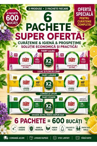 Fairy PROMOTIE SERVETELE UMEDE PENTRU SUPRAFETE 2 PACHETE LEMON 2 PACHETE LIL...