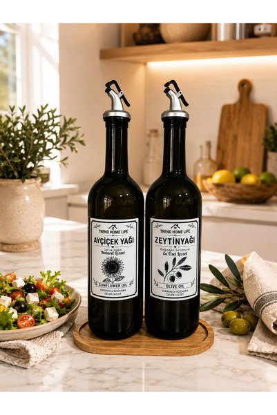 Trend Home Life Yağdanlık Seti Bambu Ahşap Standlı Yağdanlık, Ayçiçekyağı Zeytinyağı Şişesi Yağlık Sosluk Şişe 750 ml Cam