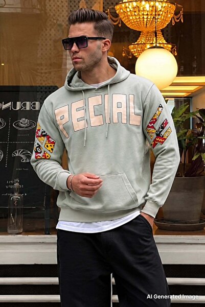 Madmext Mint Green Printed Hooded Men's Sweatshirt 6039