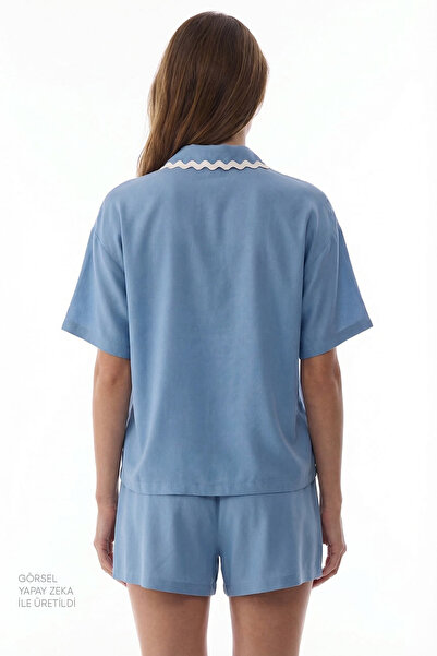 Penti Mavi Serenity Kısa Kollu Gömlek Şort Pijama Takımı