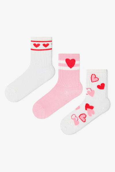 Penti Karışık Renk Kız Çocuk Pinky Love Kalp Desenli 3'lü Soket Çorap