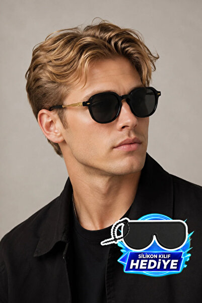 MİLANO KORS Unisex Black Oval Frame Gold Detail Temple Black Glass Sunglasses