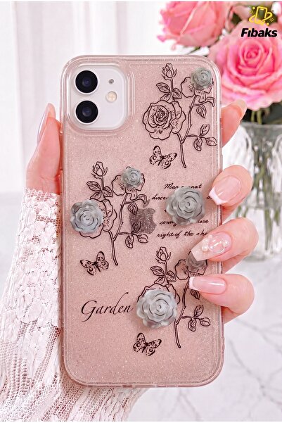 Fibaks iPhone 11 Kılıf Simli Beyaz Gül Desenli Renkli Parlak Darbe Emici Kapak