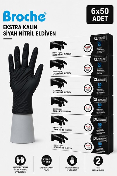Broche ULTRA EXTRA KALIN (5 GR) SİYAH NİTRİL MUAYENE ELDİVENİ 6'LI PAKET XL B...