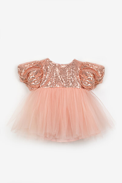 Le Mabelle Rose Bow Detailed Sequin Baby Girl Dress - Amber
