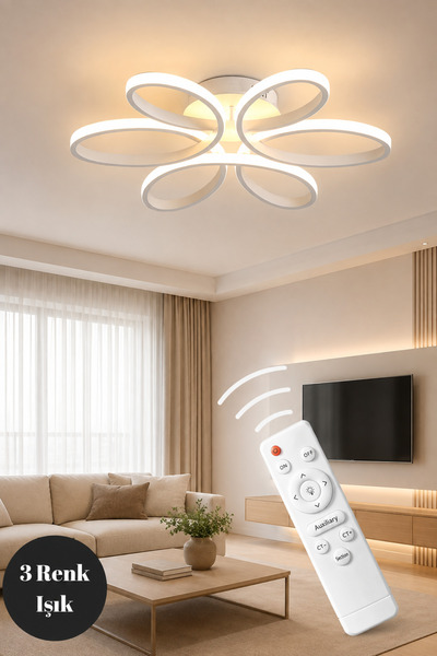 Elektroyou Nipul Beyaz Plafonyer Modern Kumandalı 3 Renk Işık Ledli Avize