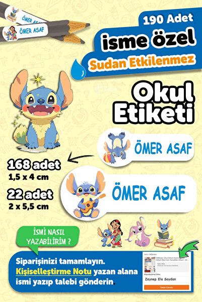 MSticker Okul Etiketi Kalem Defter isimli Etiket Isim Yazılabilen Stetch - 19...
