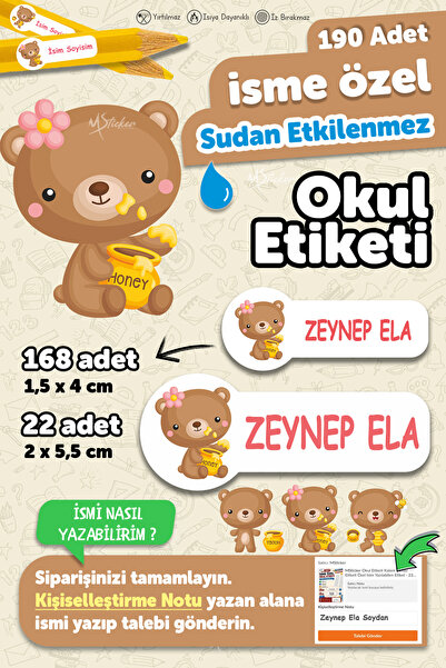 MSticker Okul Etiketi Kalem Defter Etiketi Sevimli Ayıcık Temalı Özel Isim Ya...