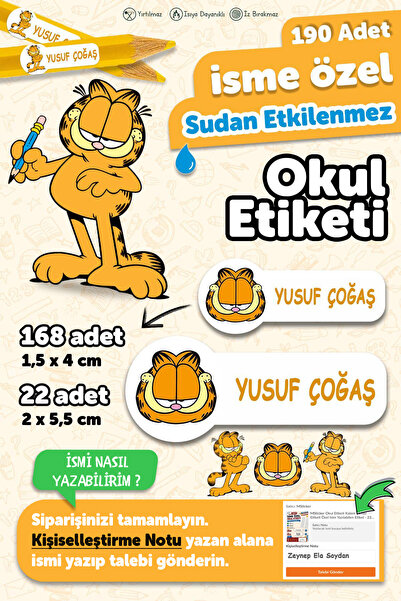 MSticker Okul Etiketi Kalem Defter isimli Etiket Isim Yazılabilen Garfield - ...