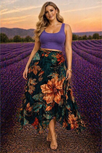 CALERA Plus Size Patterned Non-Exposing Long Skirt 46-60 Size Elastic Waist C...