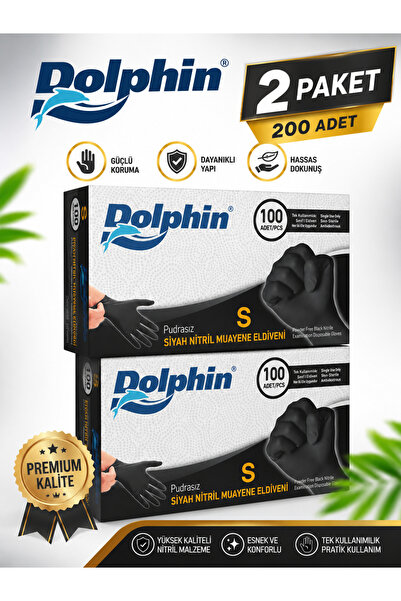 Dolphin 2 Paket 100 Lü Çok Amaçlı Pudrasız Nitril Eldiven Siyah (s) Beden