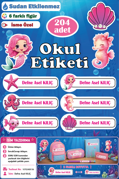GSticker İsme Özel Okul Etiketi Kalem Defter Etiketi Sticker Kız Erkek Çocuk ...