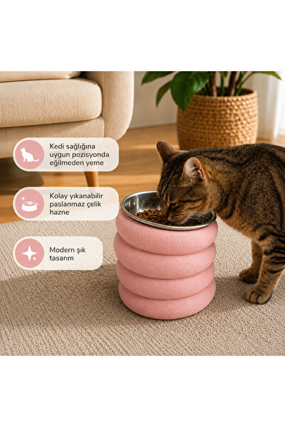 Basart Modern Kedi Mama ve Su Kabı – Çelik Kaseli Yüksek Tasarım Mama Kabı