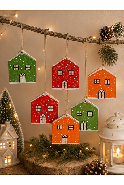 ELSA Wooden House Shaped Christmas Tree Ornament - Set of 6