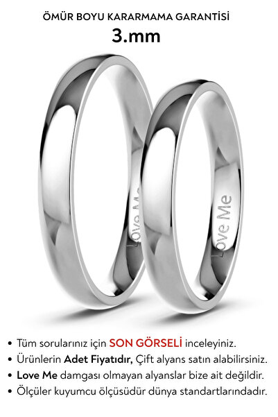 Love Me 3mm Asla Kararmaz Mücevher Kalitesinde Bombeli Parlak Beyaz Renk Unis...