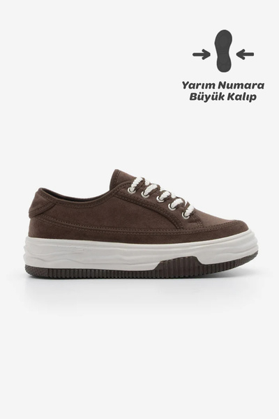 Marjin Kadın Sneaker Yüksek Taban Bağcıklı Spor Ayakkabı Kotnel Kahve Süet