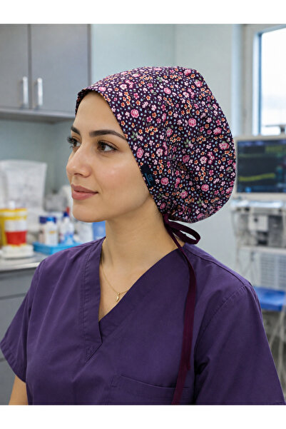 doktorbonem Hijab Purple Crispy Flowers Patterned Surgical Bonnet Doctor Nurs...