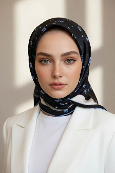 Vissona 100% Twill İpek Bordürlü Çıtır Çiçek Desenli Siyah - İndigo Renkli 90...
