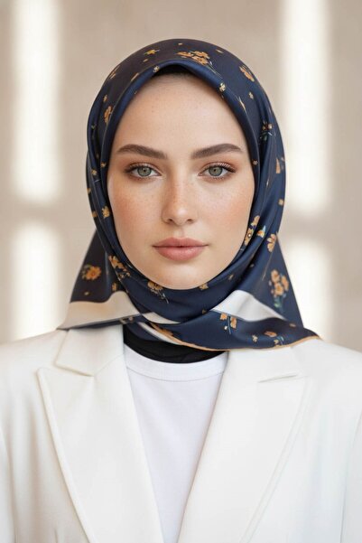 Vissona % 57 İPEK % 43 VİSKON Twill İpek Çıtır Çiçek Desenli Lacivert - Gold ...