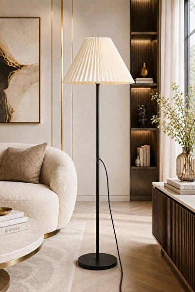 Lİ HOME Cora Siyah Metal Ayaklı Bohem Lambader 150 cm Kumaş Krem Başlıklı Sal...
