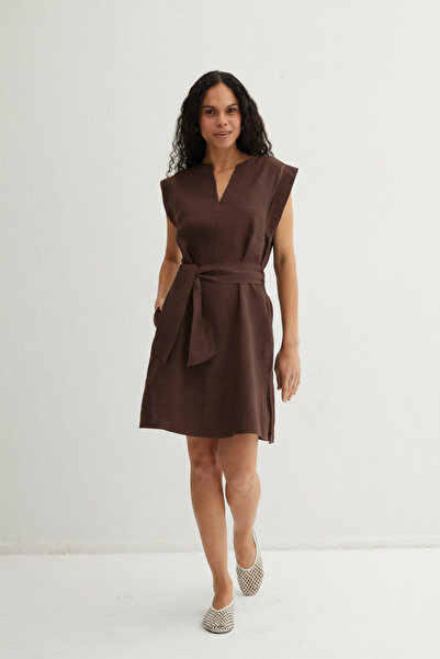 Silk and Cashmere Koyu Kahve Kate Keten V Yaka Kolsuz Elbise