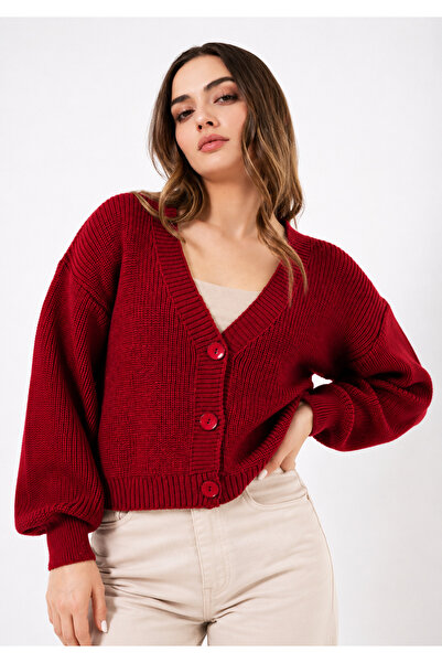 FLEX FASHION Kadın TREND crop POPÜLER ÖRGÜLÜ KISA triko Hırka BORDO