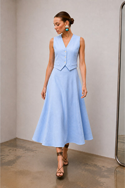 LADYA COLLECTION Blue Linen Skirt Vest Siena Set