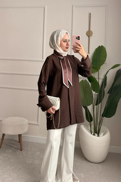 ensade تونيك بأكمام واسعة مع تفاصيل وشاح - تصميم مريح، قماش صيفي ذو ملمس مميز...
