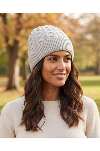 Fonem Unisex Lavinia Woolen Beanie Fo 2752 Stone Color Special Knitted Patter...