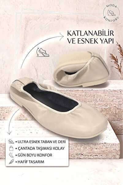 Gökhan Talay Uliana Women's Cornered Toe Flexible Sole Foldable Beige Balleri...