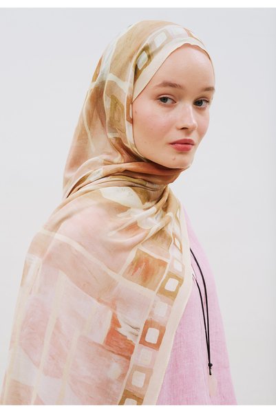 Freshscarfs Model cu blocuri abstracte, șal din viscoză ramie, bej