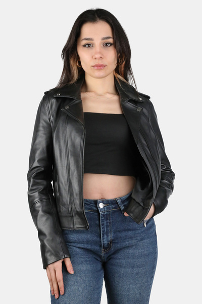 Hakiki Kuzu Derisi Kadın Siyah Kruvaze Deri Ceket Çift Fermuarlı Regular Fit Premium Mont