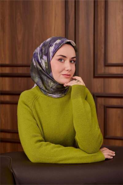 Silk Home Twill Silk Scarf Lilac-Green Patterned Tok Duruşlu 90X90