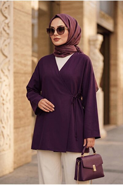USLULAR Purple Wrap-Around Collar Side-Tied Kimono Tunic