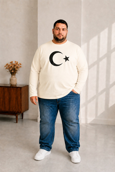 sngl tekstil Men's Large Size Long Sleeve Moon Star Printed T-Shirt 3XL 4XL 5...