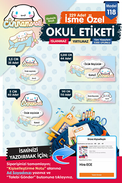 t tuğset etiket Okul Etiketi  Cinnamoroll Temalı Kalem Defter Etiketi Özel İs...