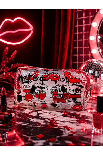 UCCELLO Transparent Cosmetic Bag Red Patterned Zippered Makeup Organizer