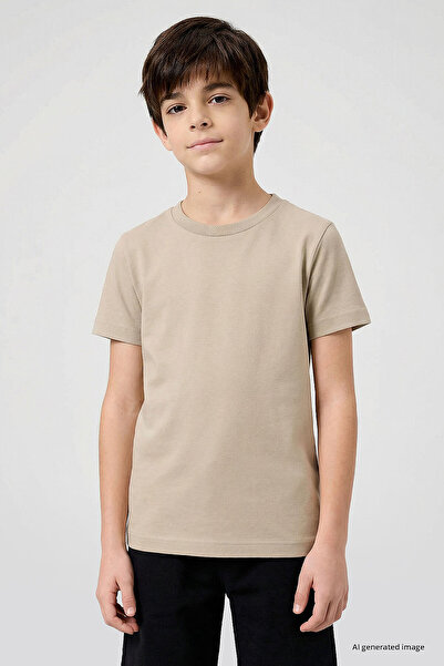 TOMMY LIFE Beige O Neck Standard Fit Basic Unisex Kids T-Shirt - 11328