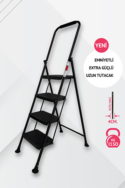 Portalife 4 Basamaklı Konfor Tutacaklı Çelik Şık Merdiven - Siyah