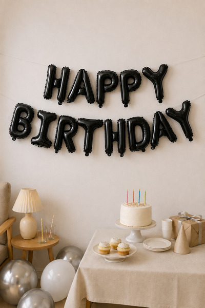 Baloncu Nene Black Happy Birthday Foil Set Balloon Birthday Helium Birthday D...